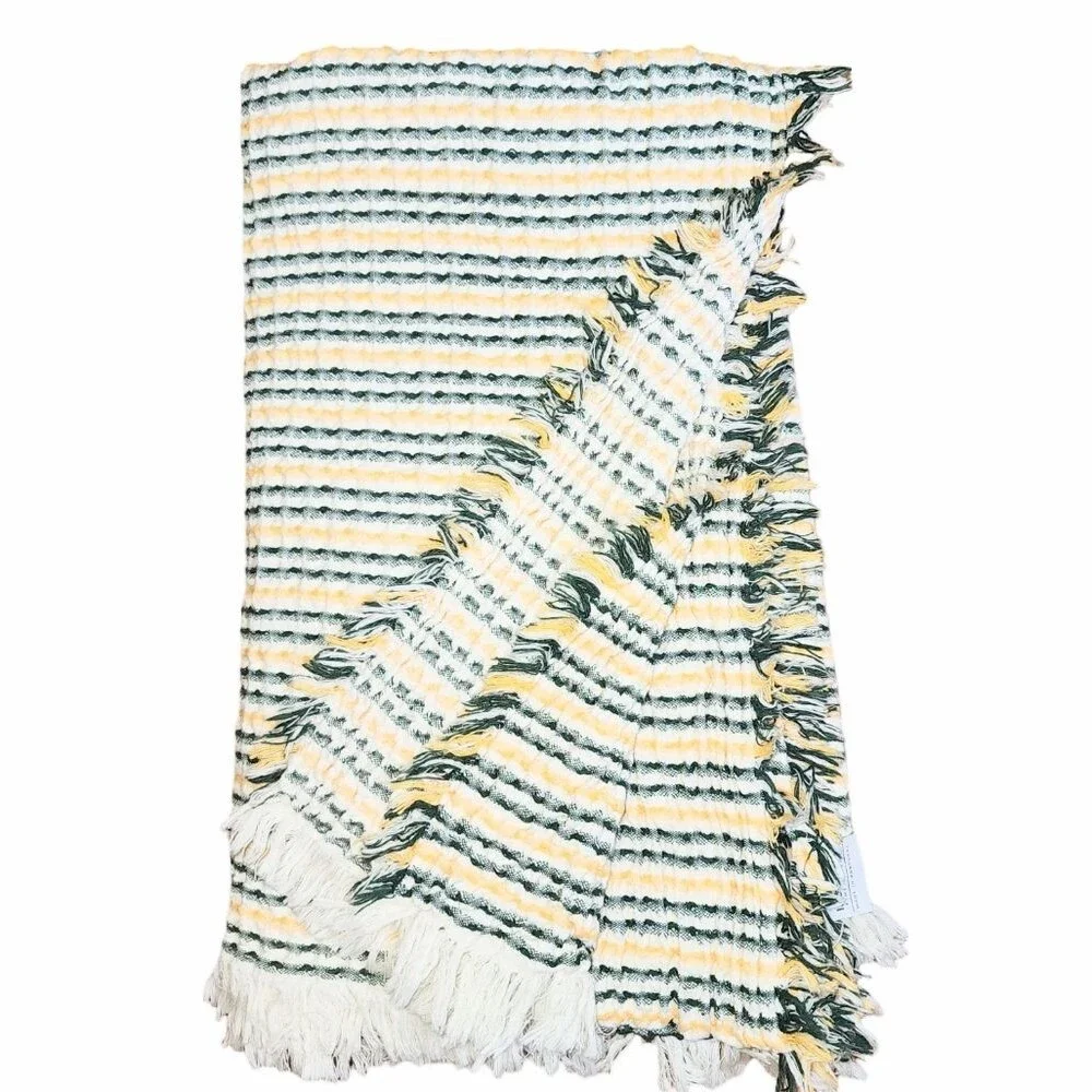 INUP Home Portugal Made Green & Yellow Cotton Waffle Weave Fringed Throw 51